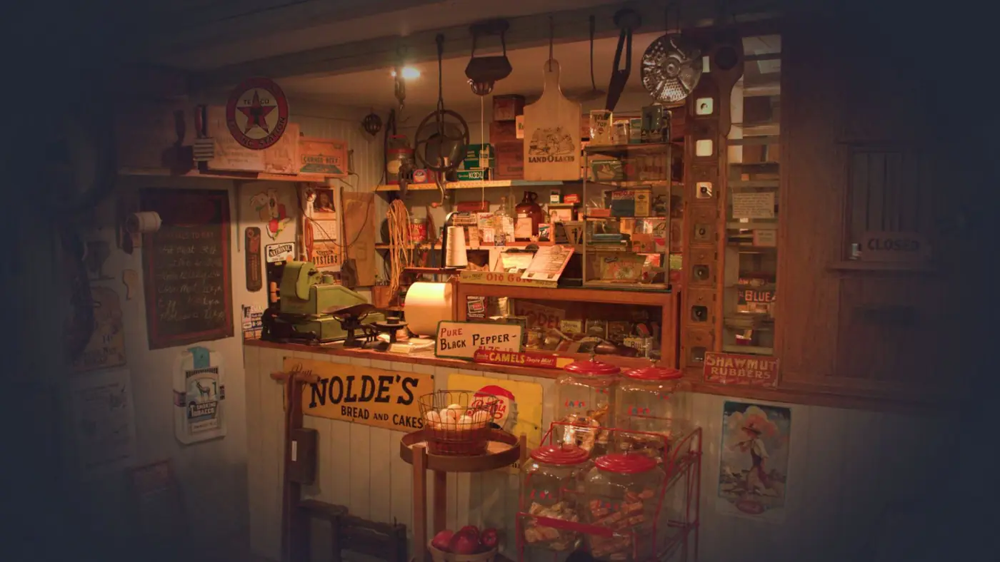 View through the front window of the Mathews Museum into the Tom Hunley General Store